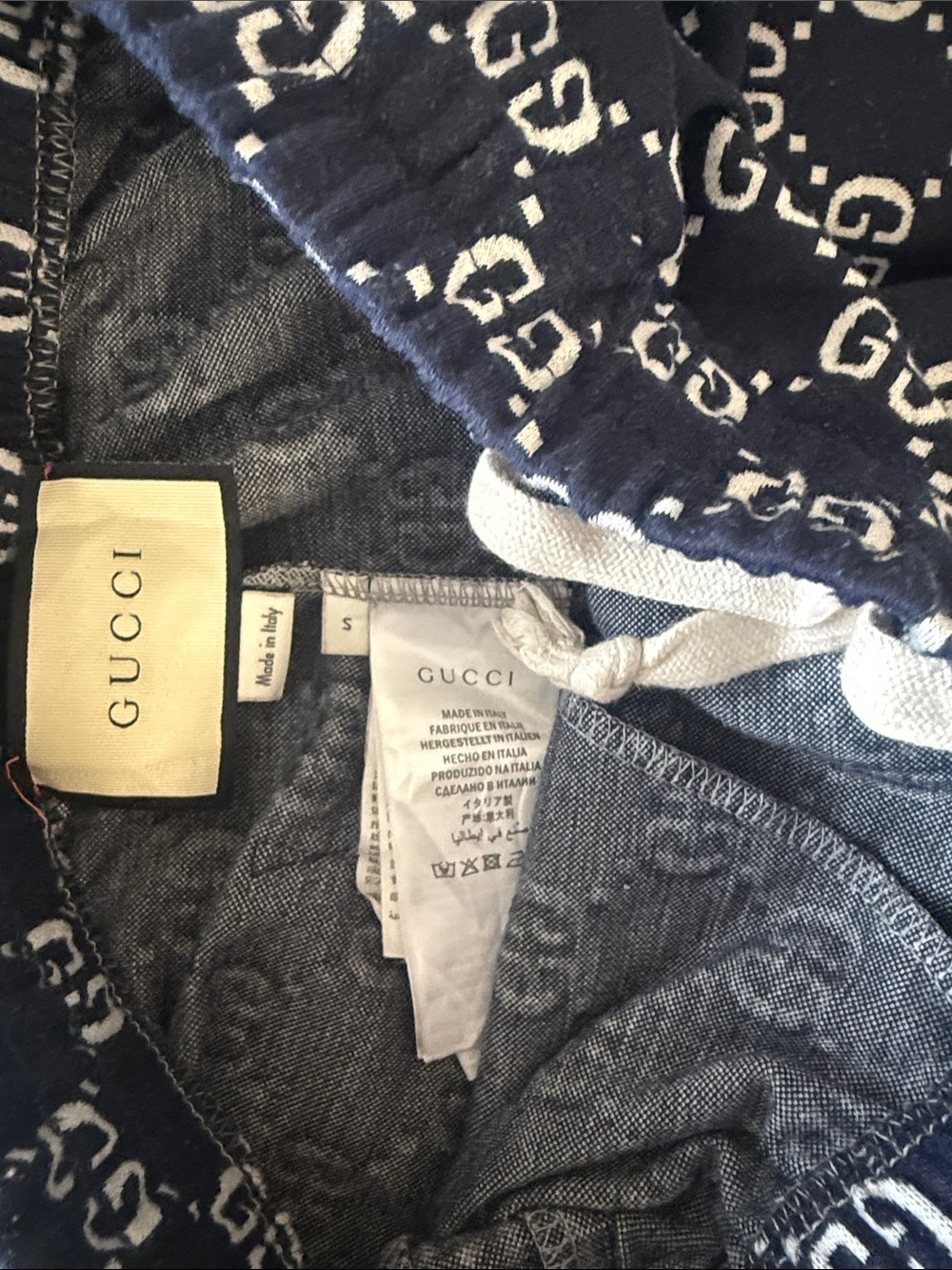 Gucci Navy and White GG Track Pants with Red Stripe